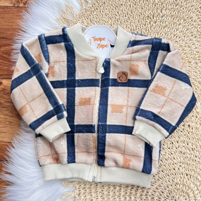 Conj. Casaco Xadrez com Ursinho e Calça de Pelinho - Areia e Azul Jeans